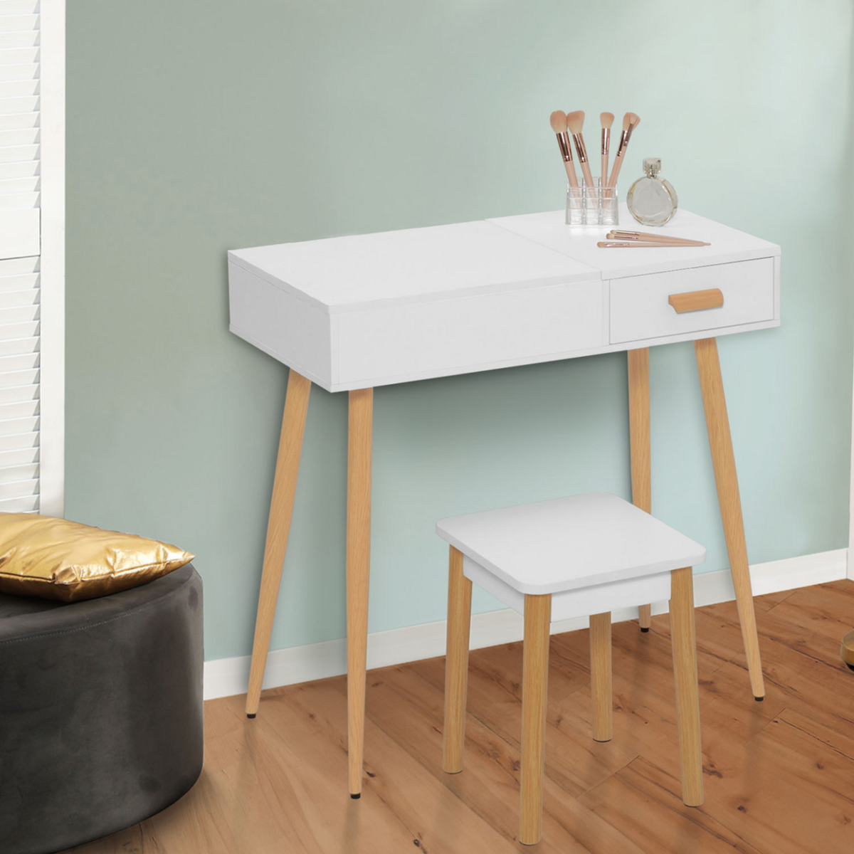 ID MARKET Coiffeuse scandinave LISA blanche miroir rabattable LED et tabouret