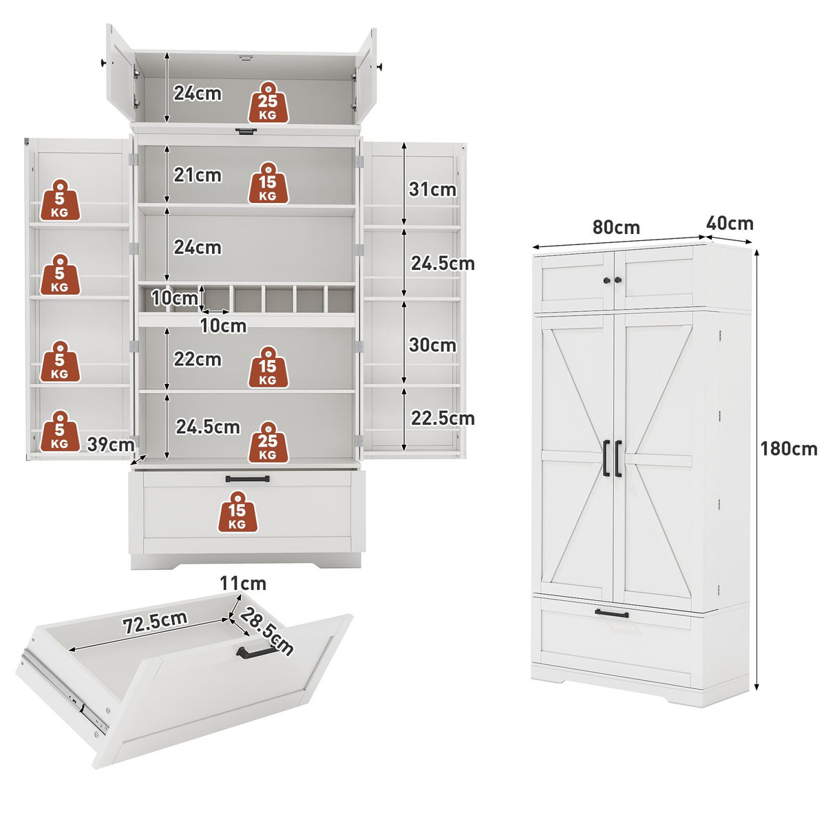 MERAX Buffet de cuisine 4 portes 1 tiroir - 80 cm blanc mdf