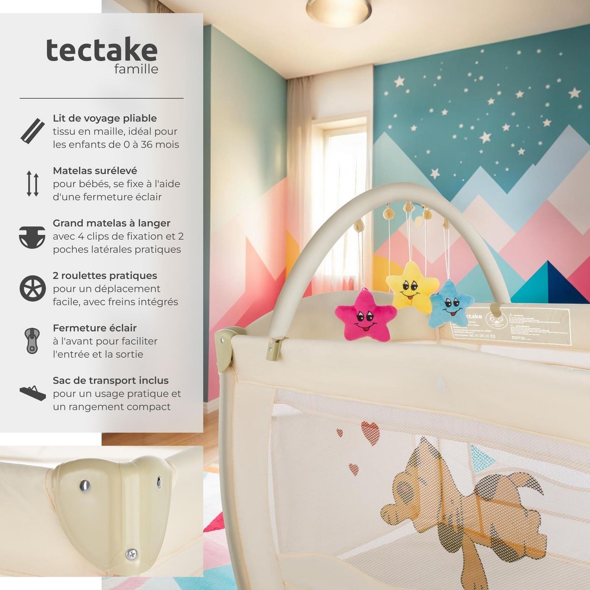 tectake Lit de voyage pour enfants peu encombrant pliable et réglable en hauteur beige