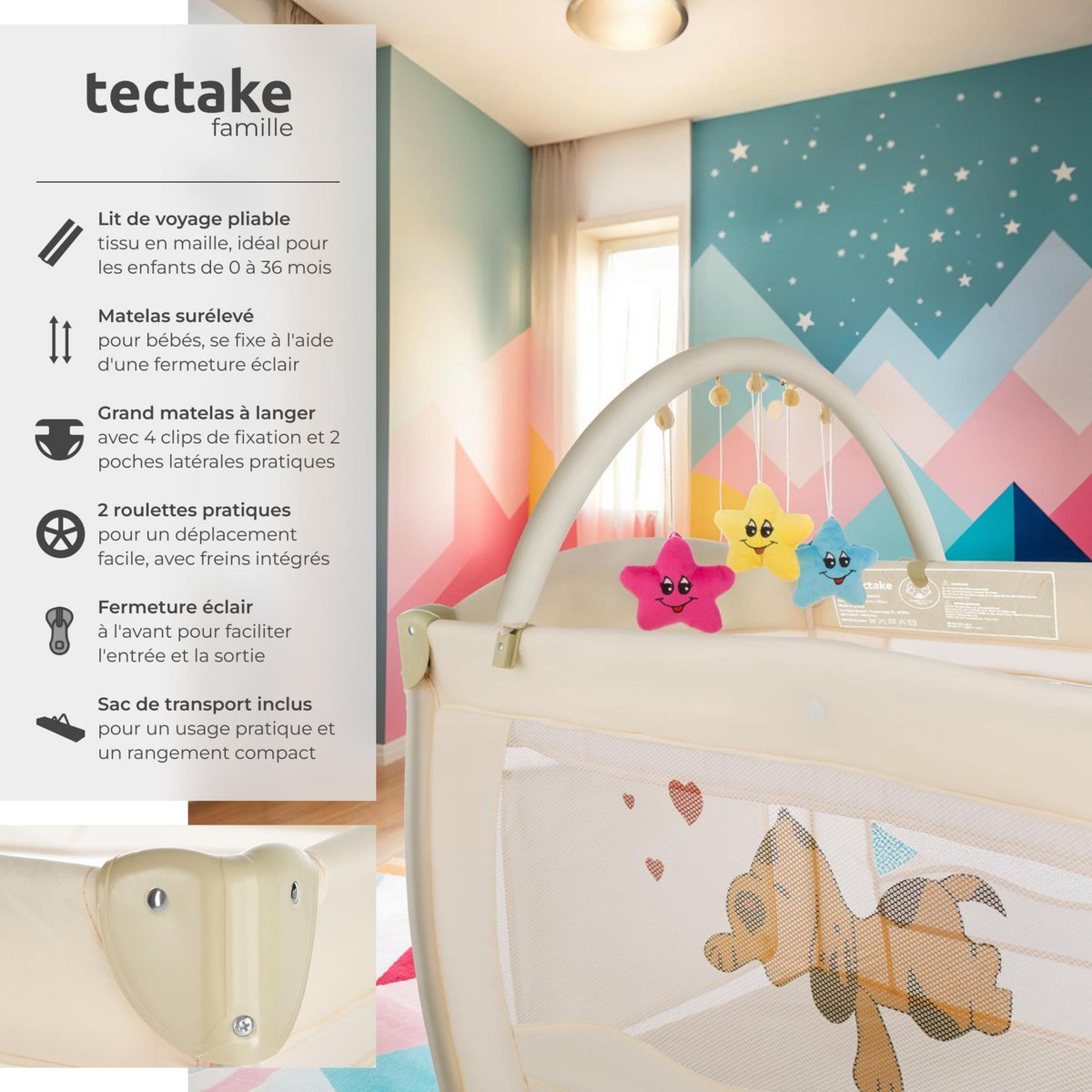 tectake Lit de voyage pour enfants peu encombrant pliable et réglable en hauteur beige