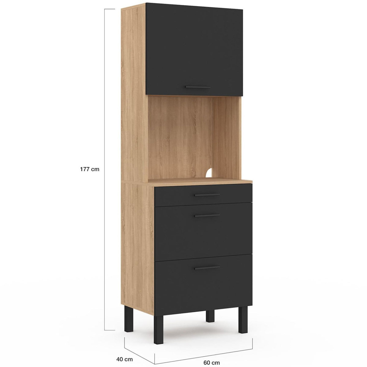 ID MARKET Colonne de cuisine micro-ondes et casserolier 60 cm CINA 2 portes façon hêtre et noir