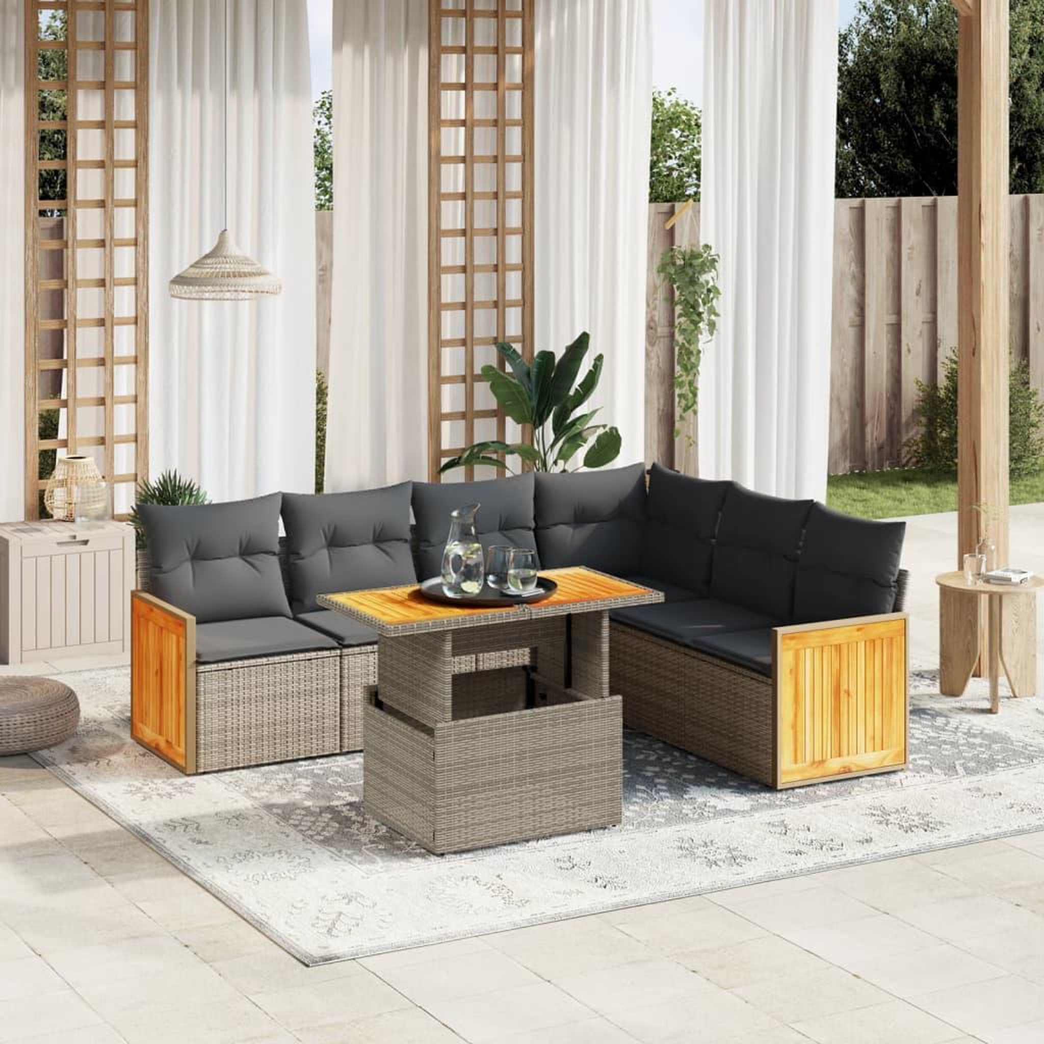 VIDAXL Salon de jardin avec coussins 7 pcs gris resine tressee