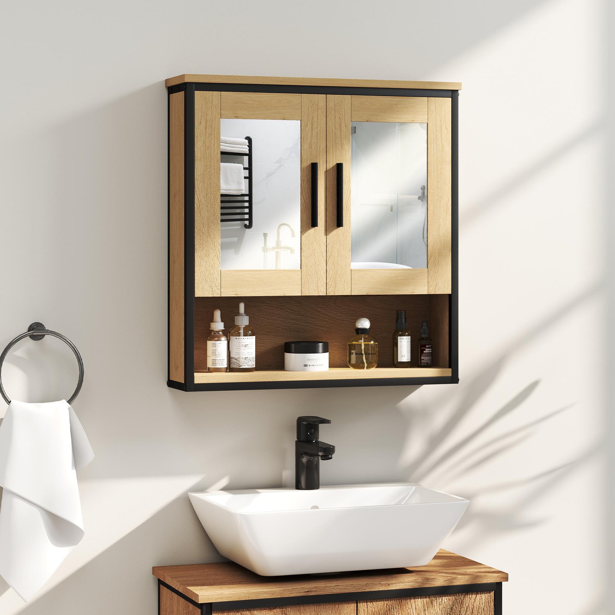 Voir la diapositive 2 : HOMCOM Armoire miroir murale salle de bain - 2 portes, étagère, niche - acier noir effet bois