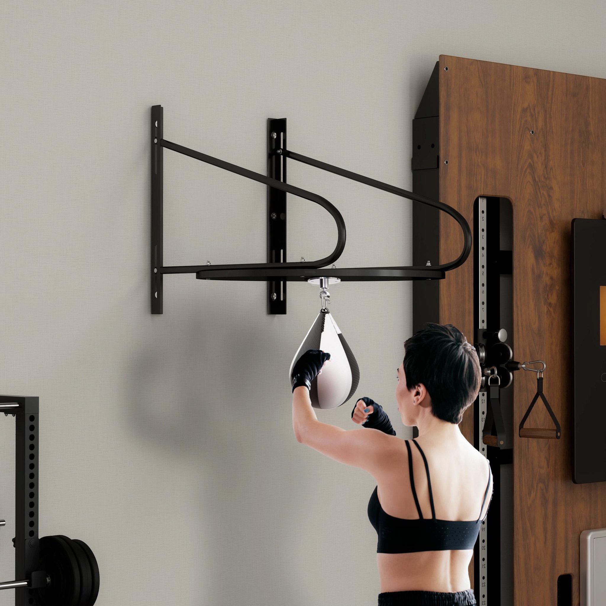 Voir la diapositive 2 : HOMCOM Poire de vitesse boxe pivotante 360° - crochet, pompe inclus - acier PU noir blanc