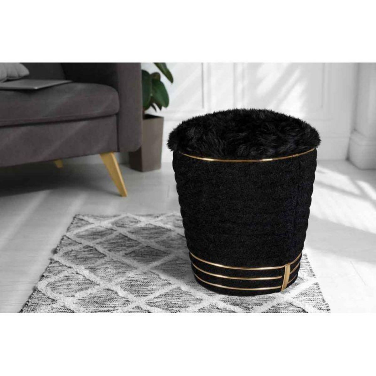 Paris Prix Tabouret Déco en Tissu  Doric  50cm Noir & Or