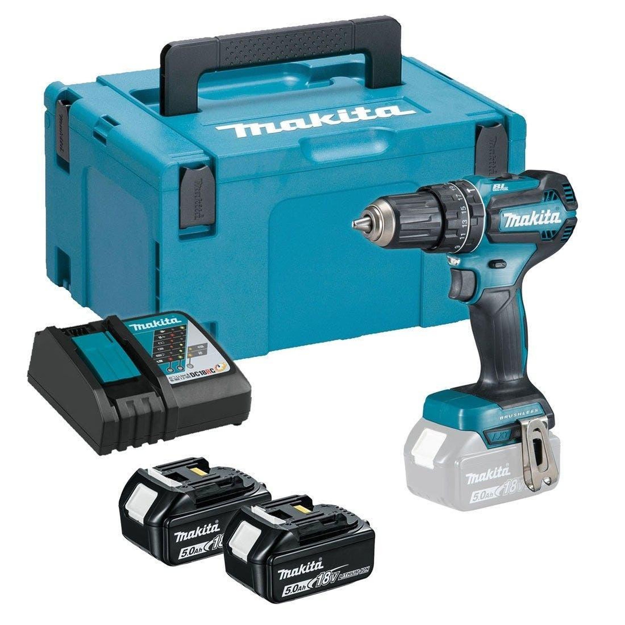 MAKITA Perceuse visseuse à percussion 18v ø13 mm + 2 batteries 5ah li-ion + chargeur + coffret makpac 2