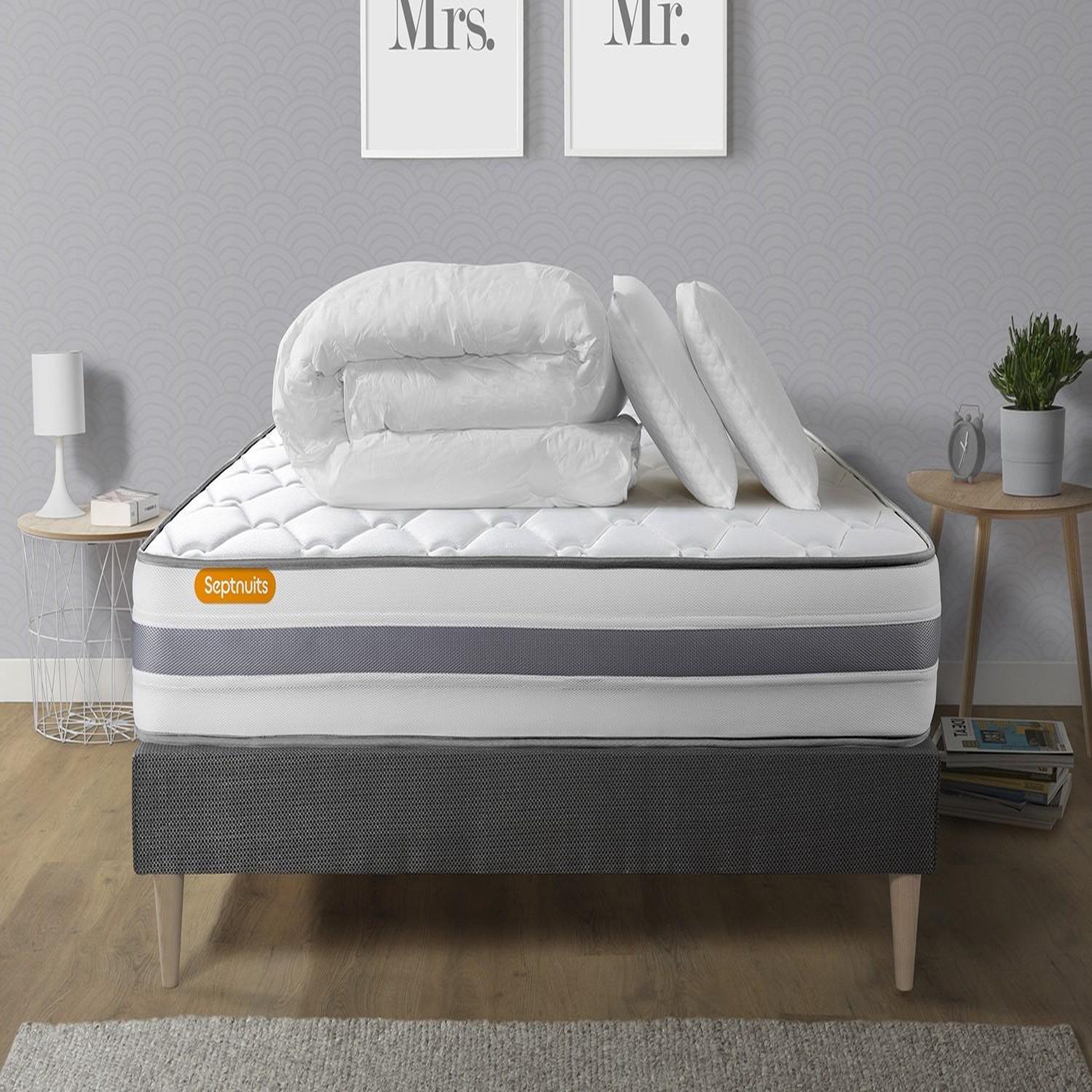 SEPTNUITS Pack matelas + sommier kit gris Memo Spring Ressorts ensachés MAXI épaisseur + Couette + 2 oreillers. Coloris disponibles : Gris