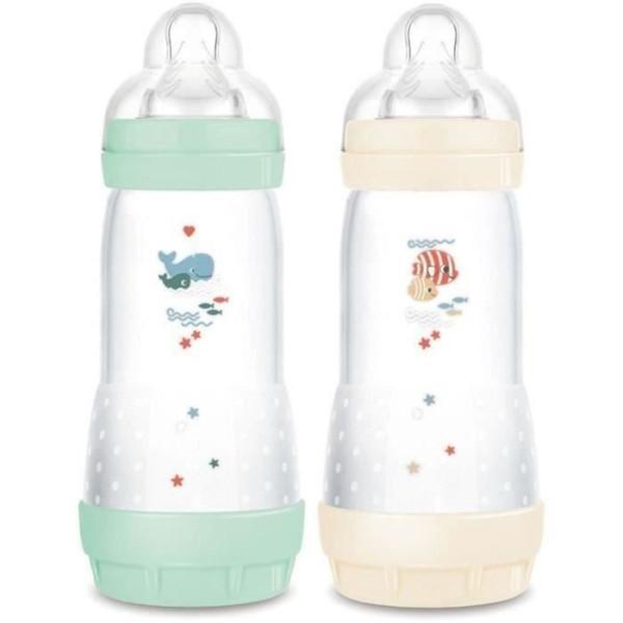 MAM Lot de 2 Biberons - MAM - Easy Start - Anti-colique Classique - 320 ml - Tétine débit 3 - Menthe + Coton