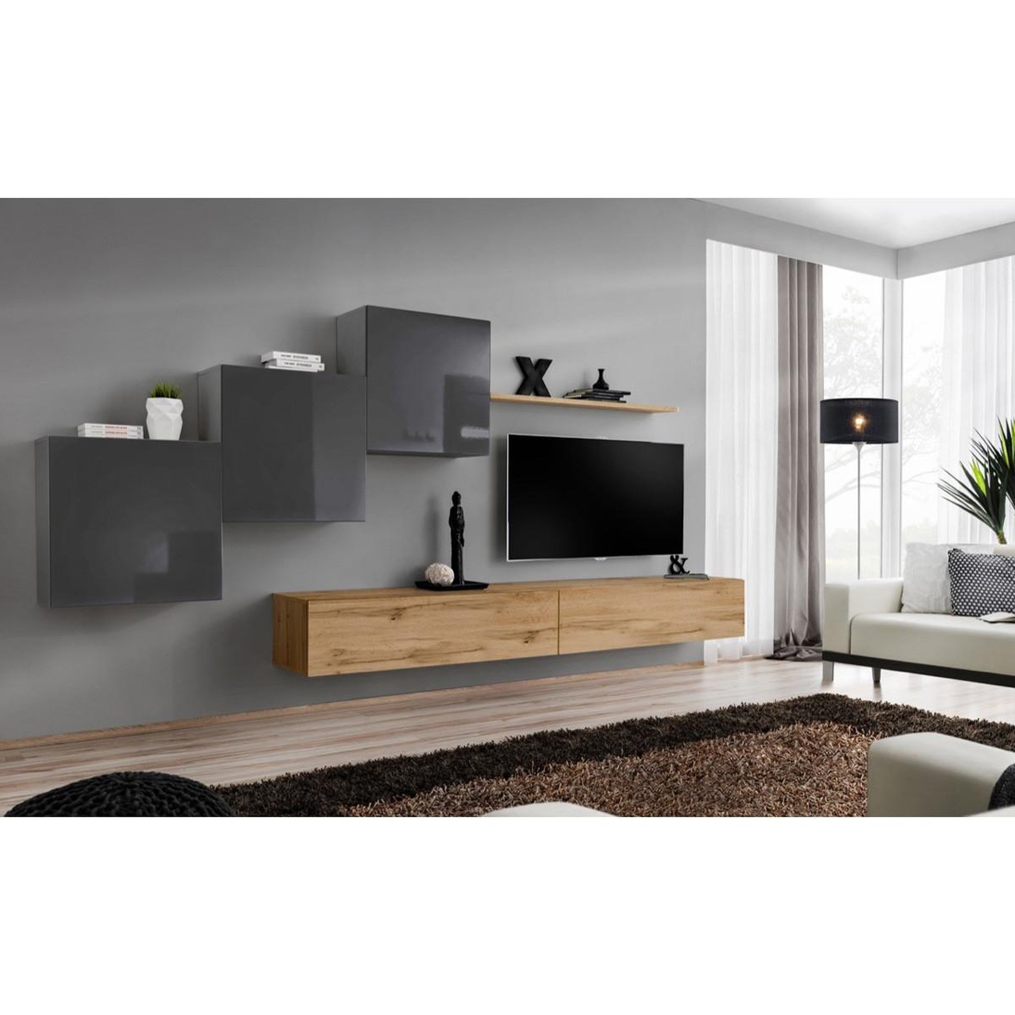 Voir la diapositive 2 : Paris Prix Meuble TV Mural Design  Switch X  330cm Gris & Naturel