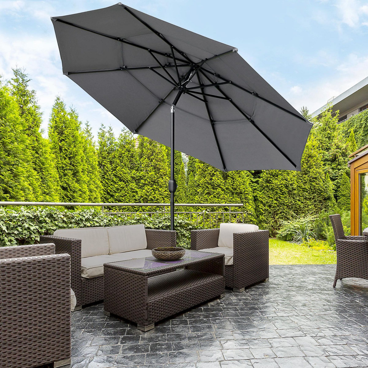OUTSUNNY Parasol de jardin inclinable rond dia. 2,85 x 2,5 m manivelle cheminées d'aération toile haute densité 180 g/m² gris