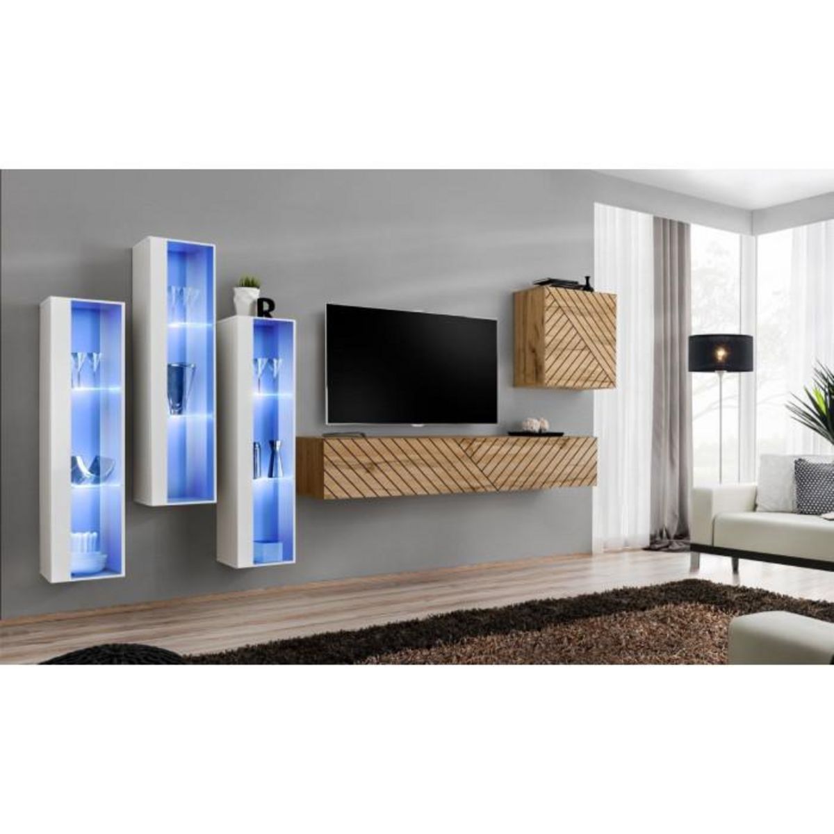 Paris Prix Ensemble Meuble TV  Switch Lamel XIII  330cm Naturel & Blanc