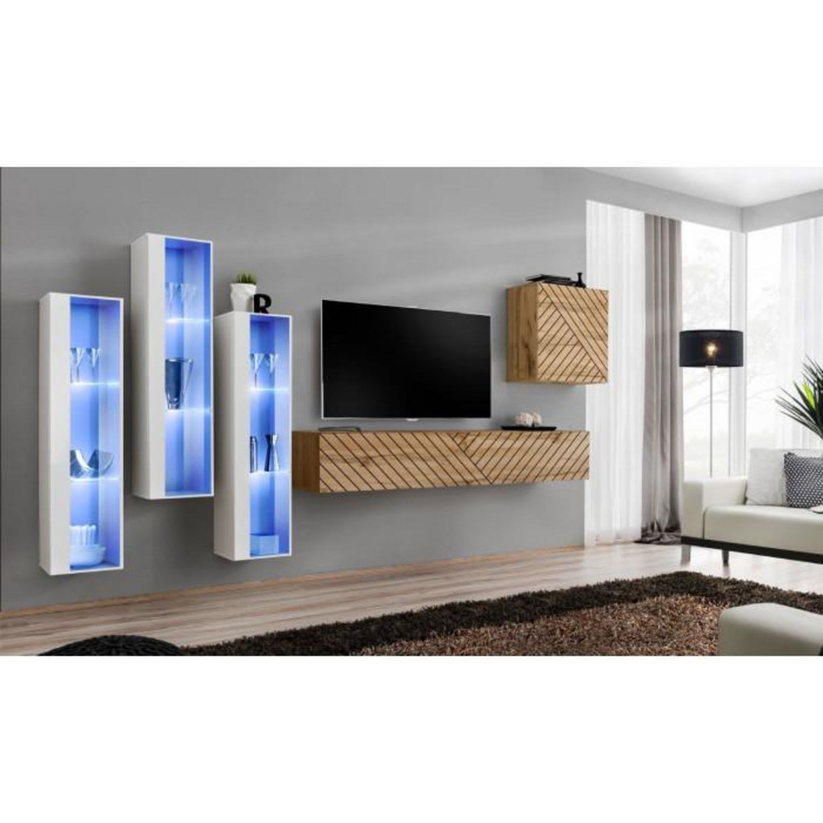 Paris Prix Ensemble Meuble TV  Switch Lamel XIII  330cm Naturel & Blanc