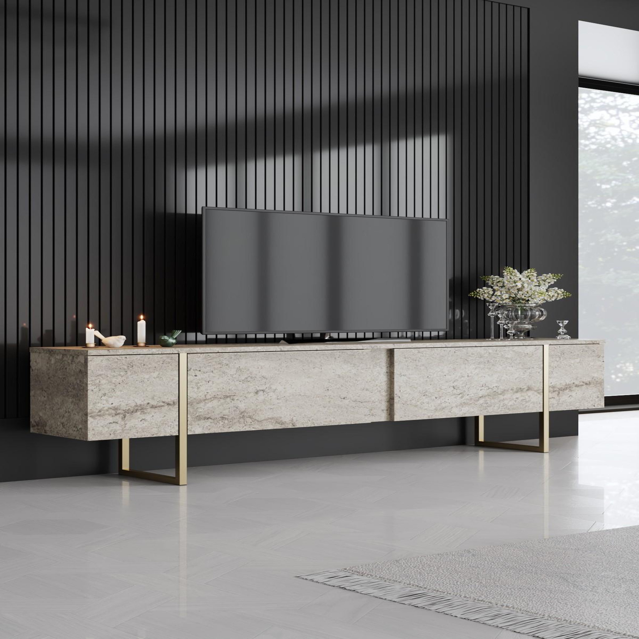 Voir la diapositive 2 : Habitat et Jardin Meuble tv en bois  luxe  - 180 x 30 x 50 cm - travertinor