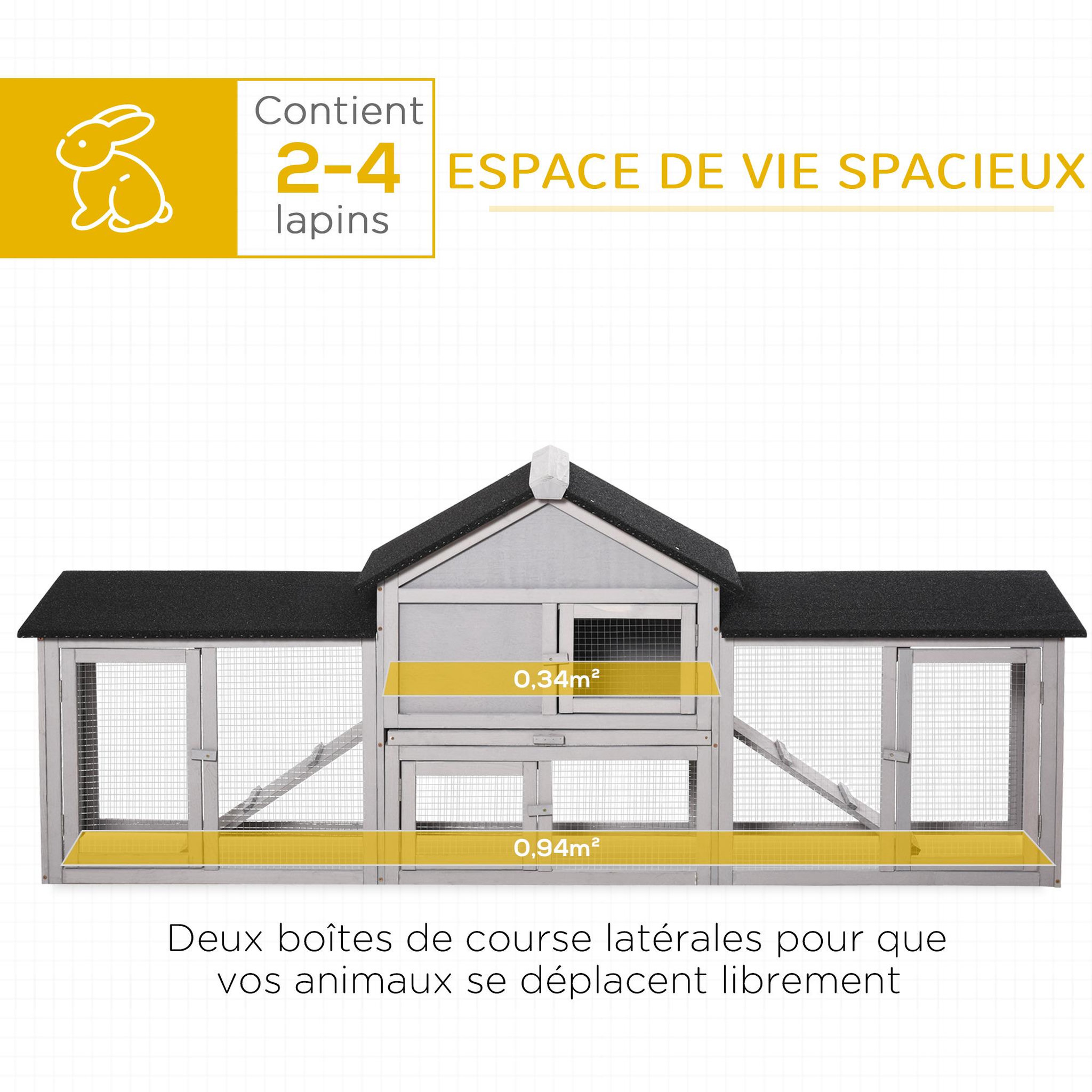 Voir la diapositive 5 : PAWHUT Clapier cage à lapins rongeurs xxl 2 étages toit bitumé intégral tiroir déjection 2,10l x 0,46l x 0,85h m bois pin pré-huilé gris