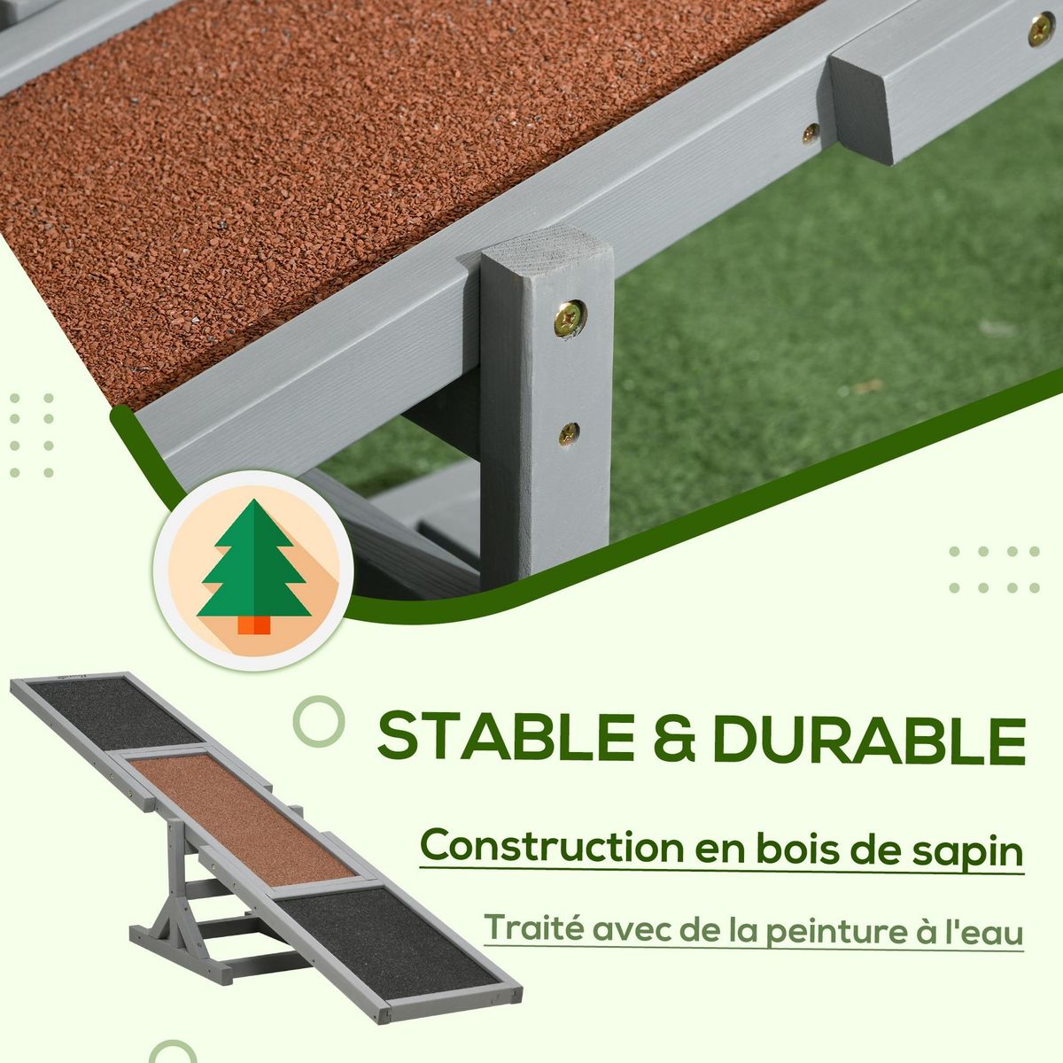 PAWHUT Agility sport pour chien bascule - bascule pour chien - équipement entrainement chien - bois sapin pré-huilé feutre bitumé antidérapant brique gris