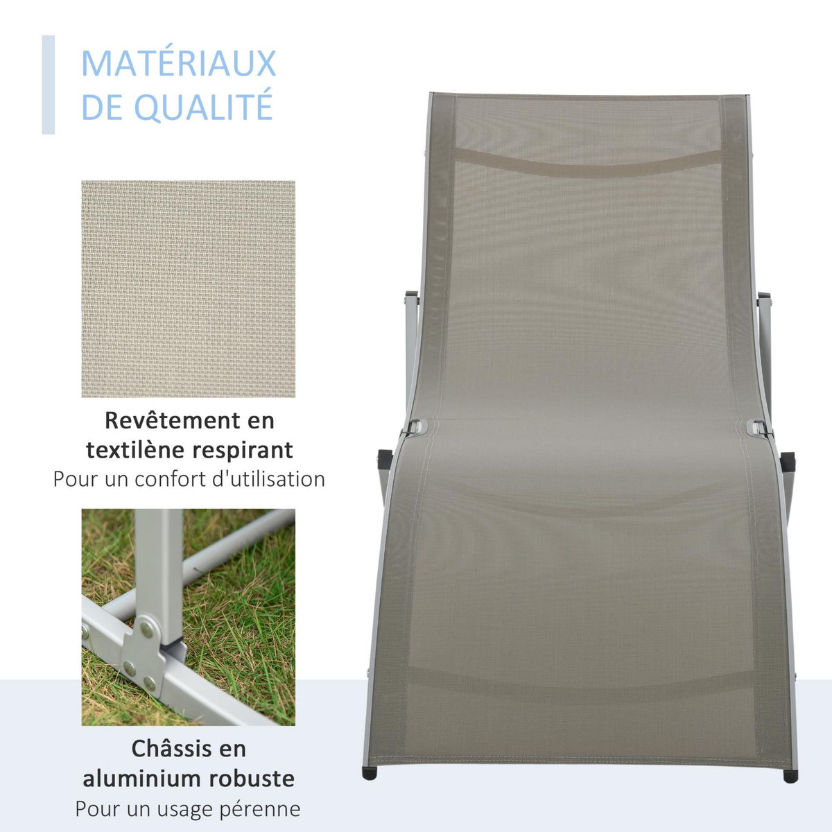 OUTSUNNY Lot de 2 bains de soleil pliables design contemporain - lot de 2 transats ergonomiques - alu. textilène gris clair