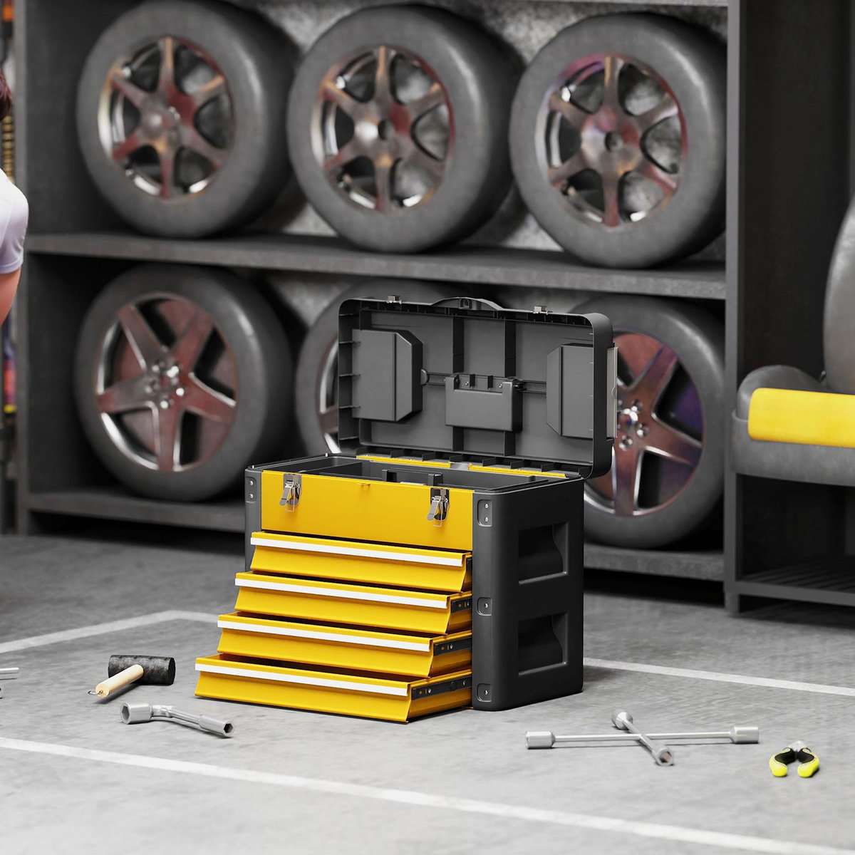 HOMCOM Boîte à outils 4 tiroirs plateau amovible 2 boites visserie acier PP noir jaune