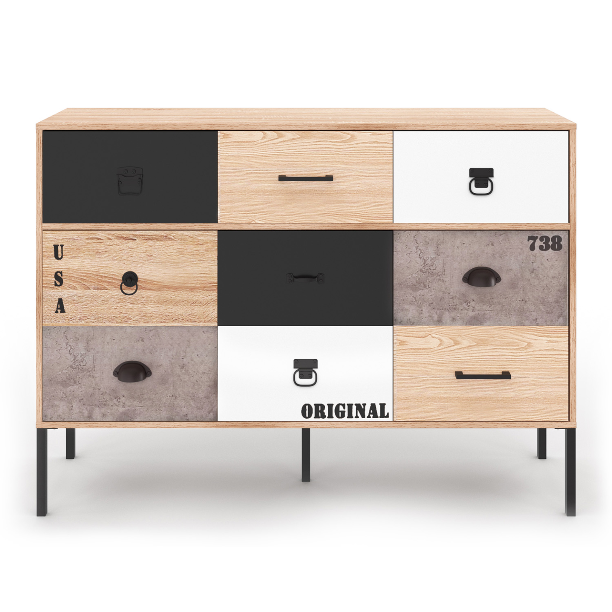 Voir la diapositive 3 : ID MARKET Buffet 3 portes 3 tiroirs 110 cm SACRAMENTO design industriel
