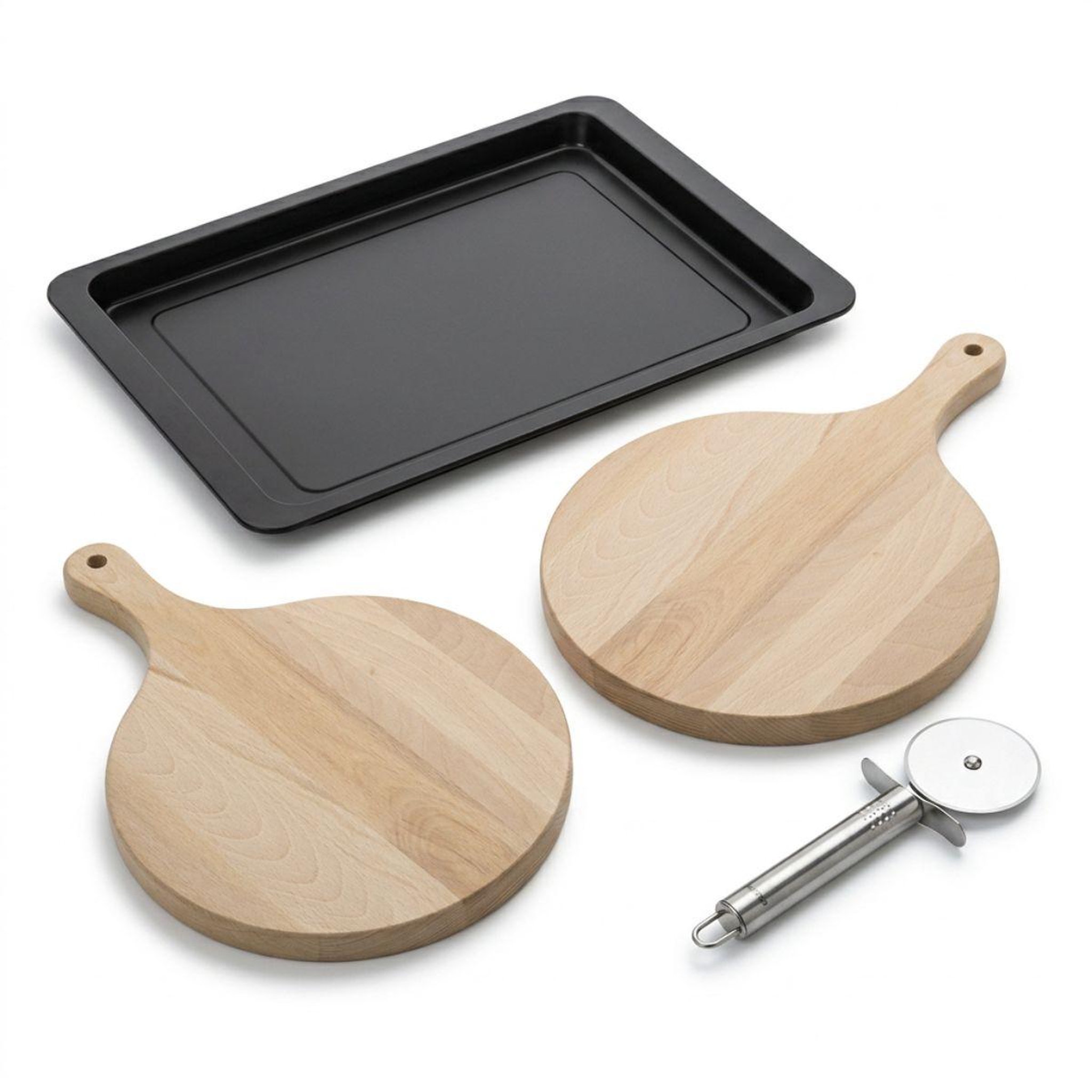 Fackelmann Ensemble pour pizza avec une plaque de cuisson four, 2 planches à pizza rondes et une roulette à pizza Fackelmann
