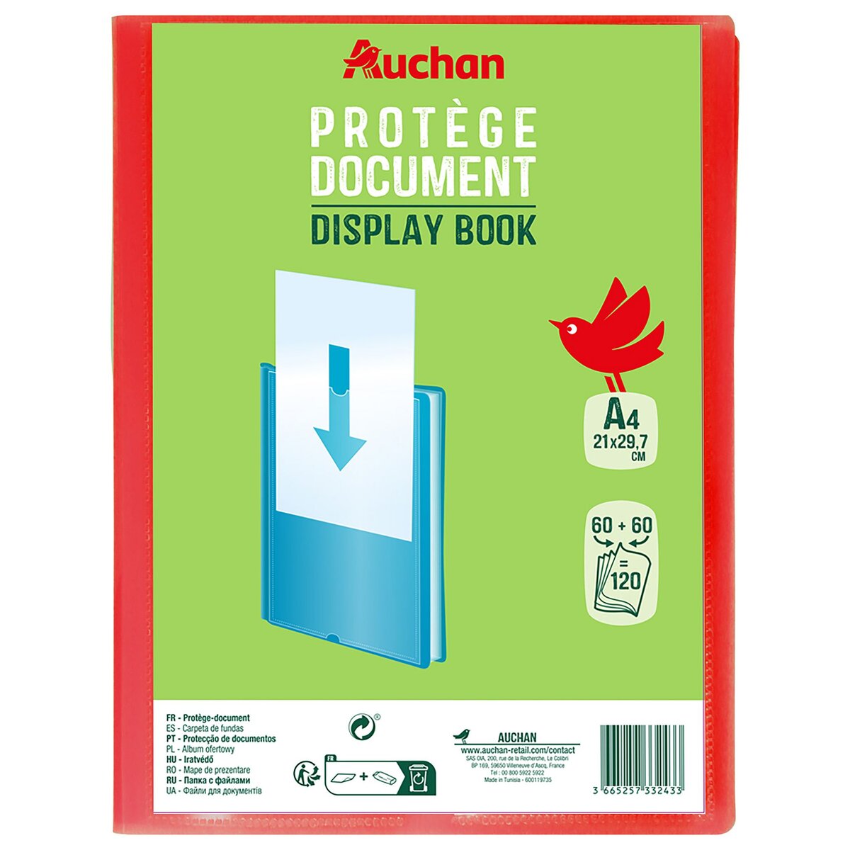 AUCHAN Protège document A4 souple 120 vues Polypro coloris aléatoire