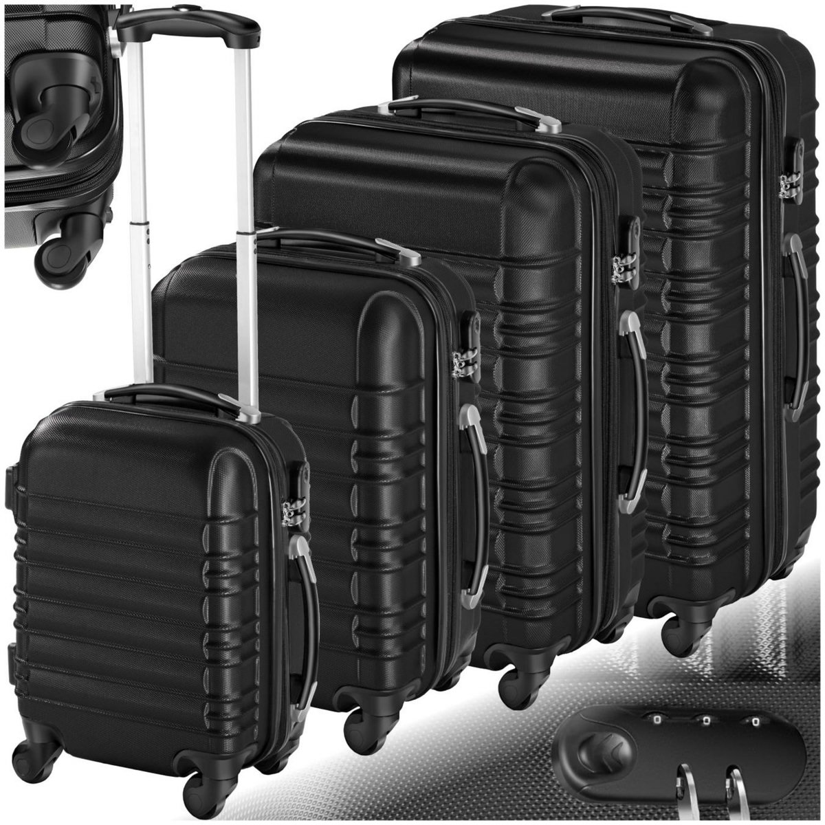 tectake Set de valises trolley rigides 4 parties, en plastique ABS robuste noir