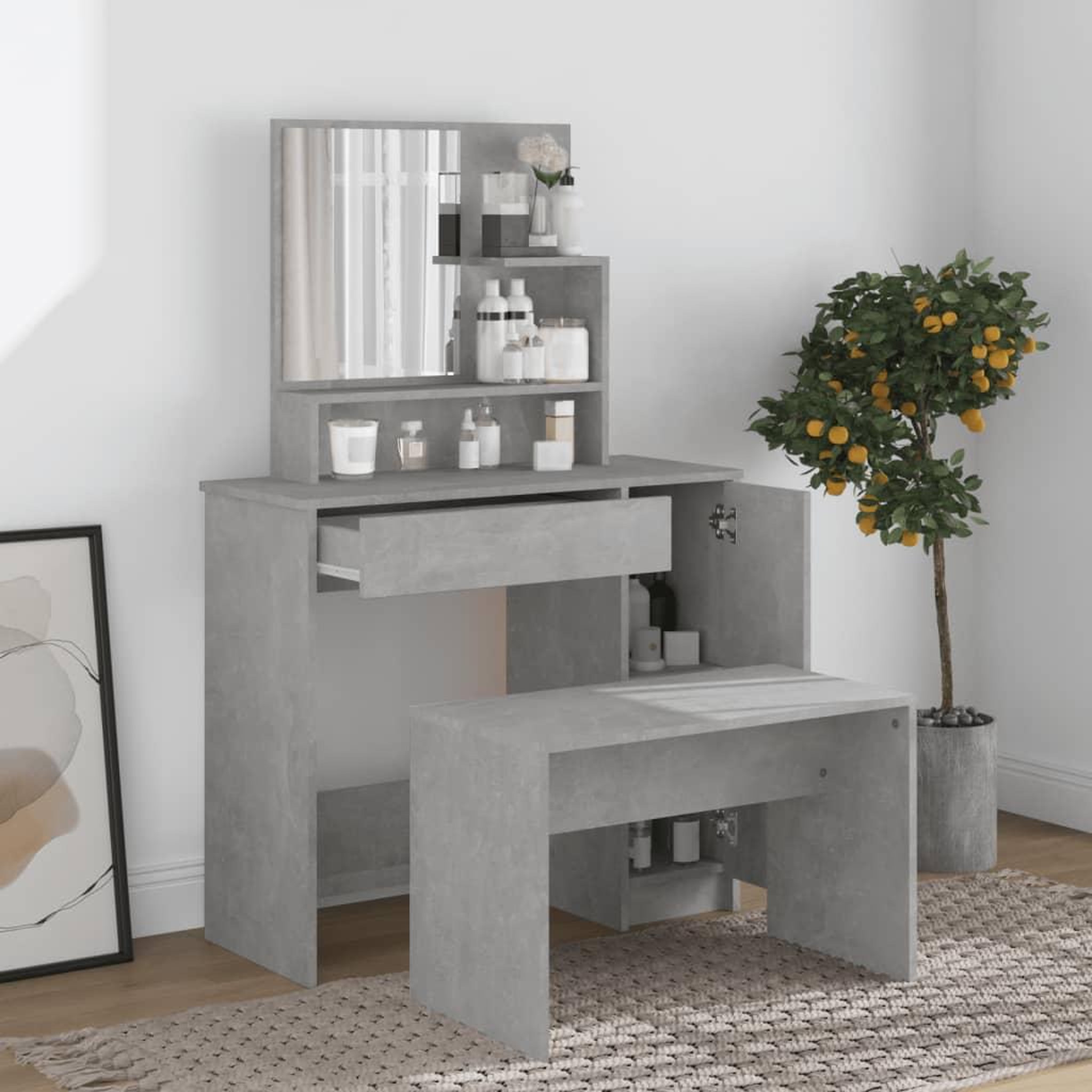 Voir la diapositive 3 : VIDAXL Coiffeuse avec miroir Gris beton 86,5x35x136 cm