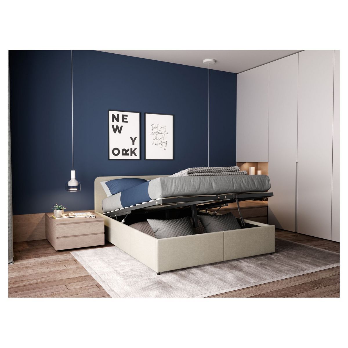 Lit coffre avec sommier relevable et tête de lit arrondie en tissu 160x200 cm CARVOEIRO