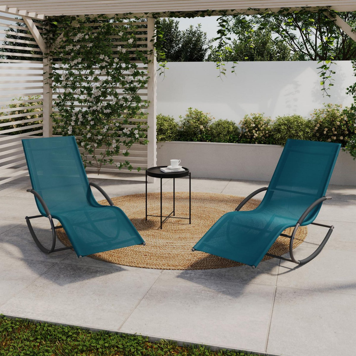 ID MARKET Lot de 2 chaises longues - transat de jardin à bascule MALAWI gris anthracite et toile bleu canard