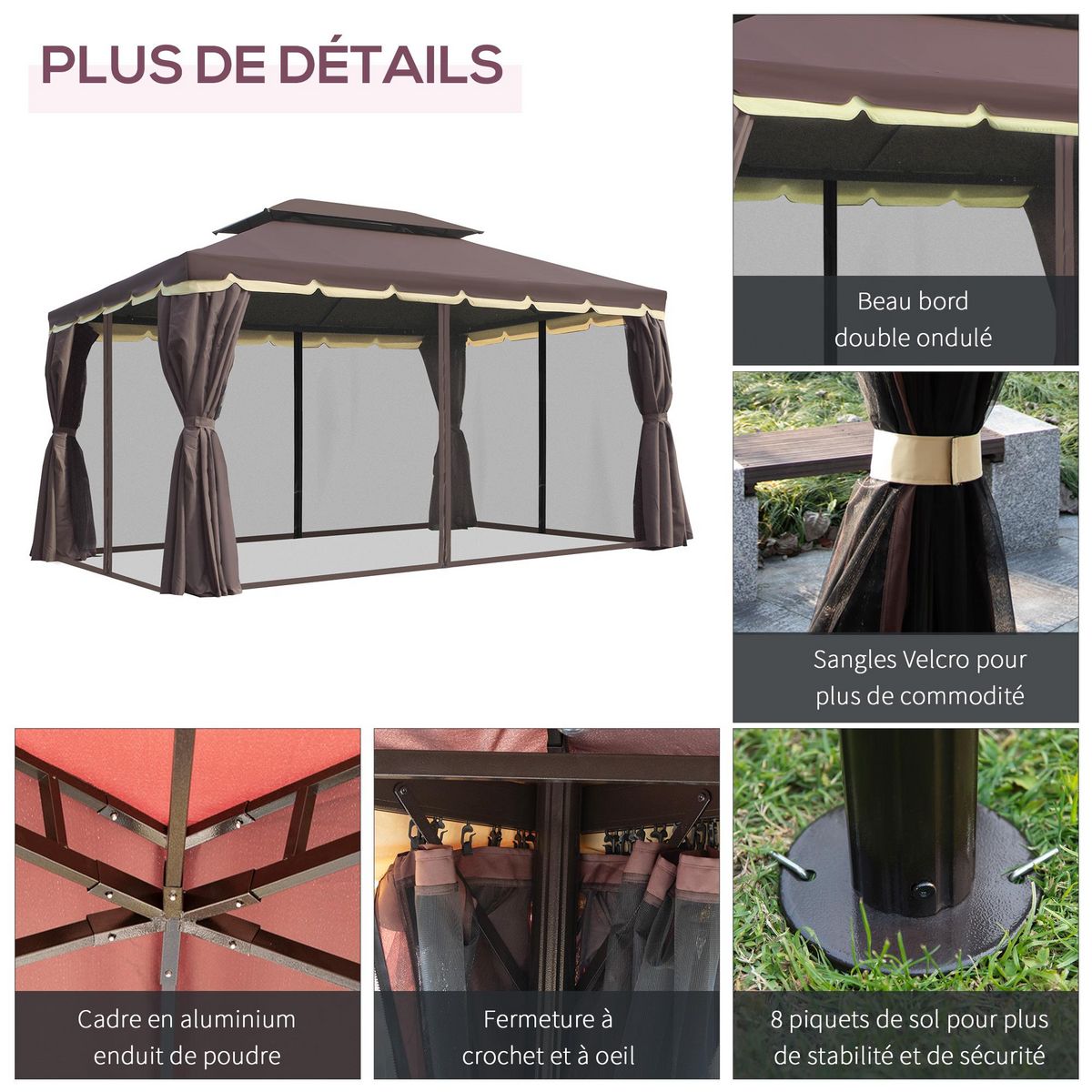 OUTSUNNY Tonnelle barnum pavillon de jardin style colonial double toit toile moustiquaires et toiles amovibles 3,9L x 2,9l x 2,8H m chocolat