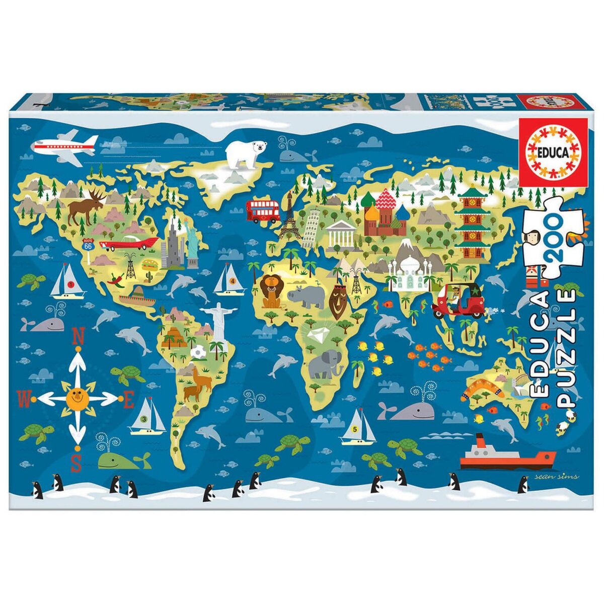 EDUCA Puzzle 200 pièces : Carte du monde, Sean Sims