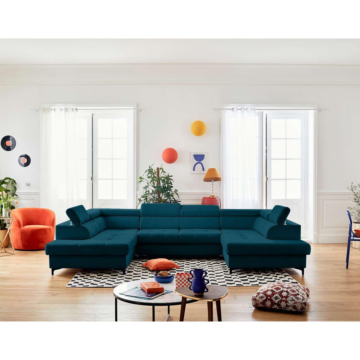 LISA DESIGN Merida - canapé panoramique en u - 7 places - convertible avec coffres et têtières réglables - en velours