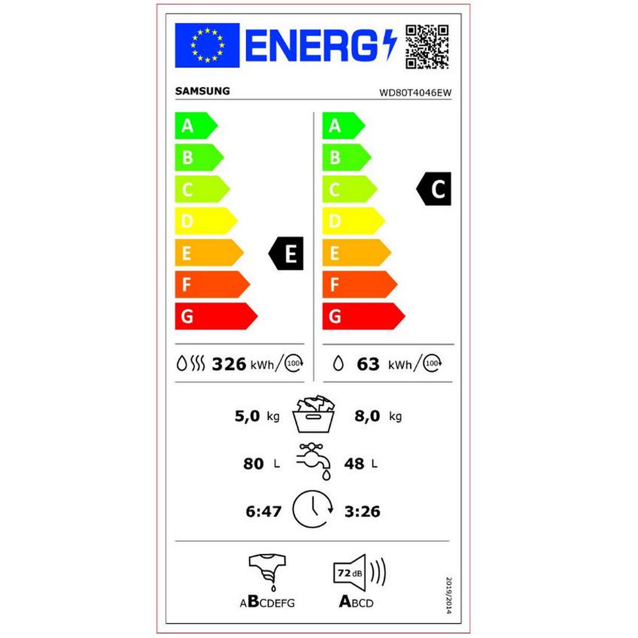 Voir la diapositive 2 : Samsung Lave-linge séchant frontal 8/5kg 1400 tours/min - wd80t4046ew