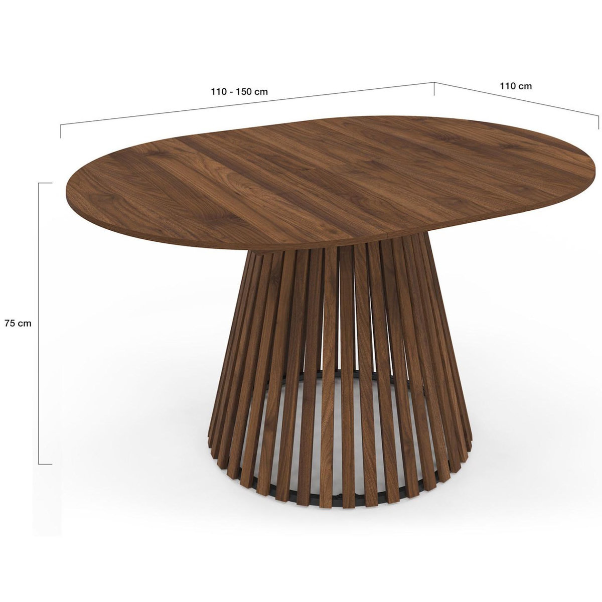 ID MARKET Table à manger extensible ronde CARMEN 4-8 personnes pied noyer en lattes et plateau noyer 110 - 150 cm