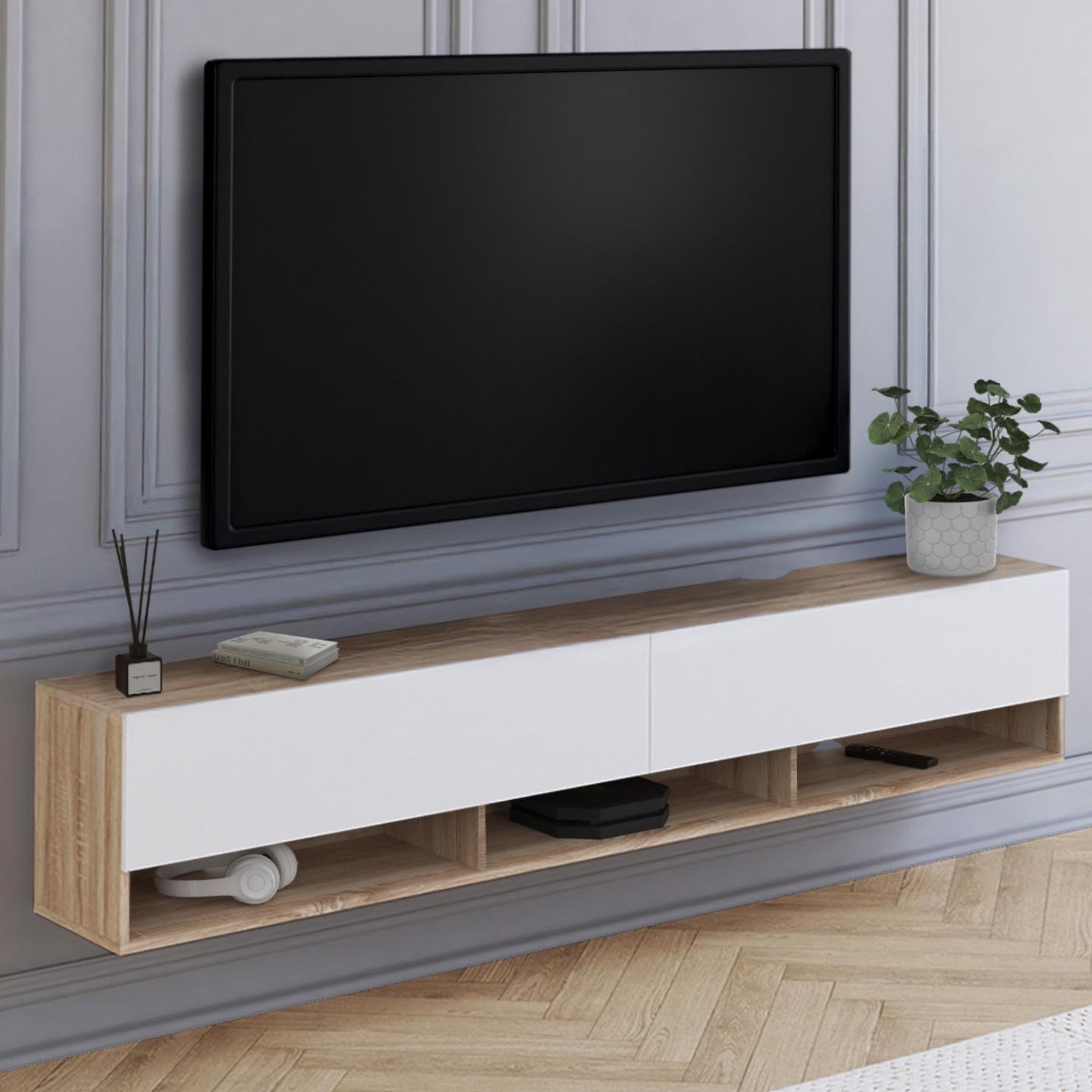 Voir la diapositive 2 : ID MARKET Meuble tv 180 cm suspendu elio 2 portes avec étagère bois et blanc