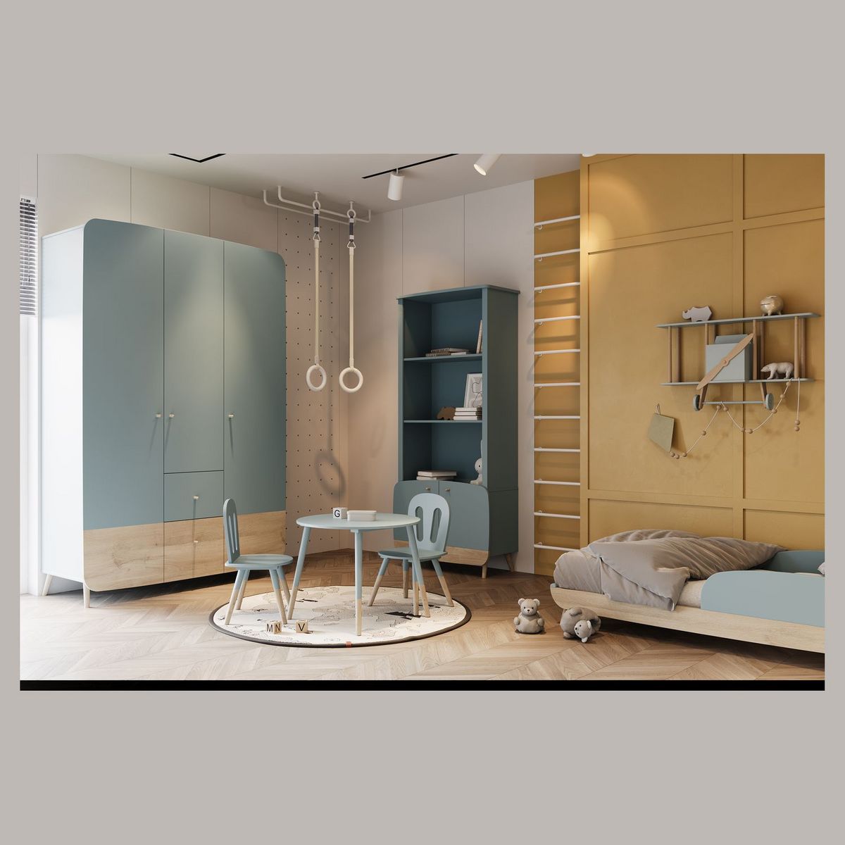 Armoire bébé enfant 3 portes 4 tiroirs bleu LINIA 