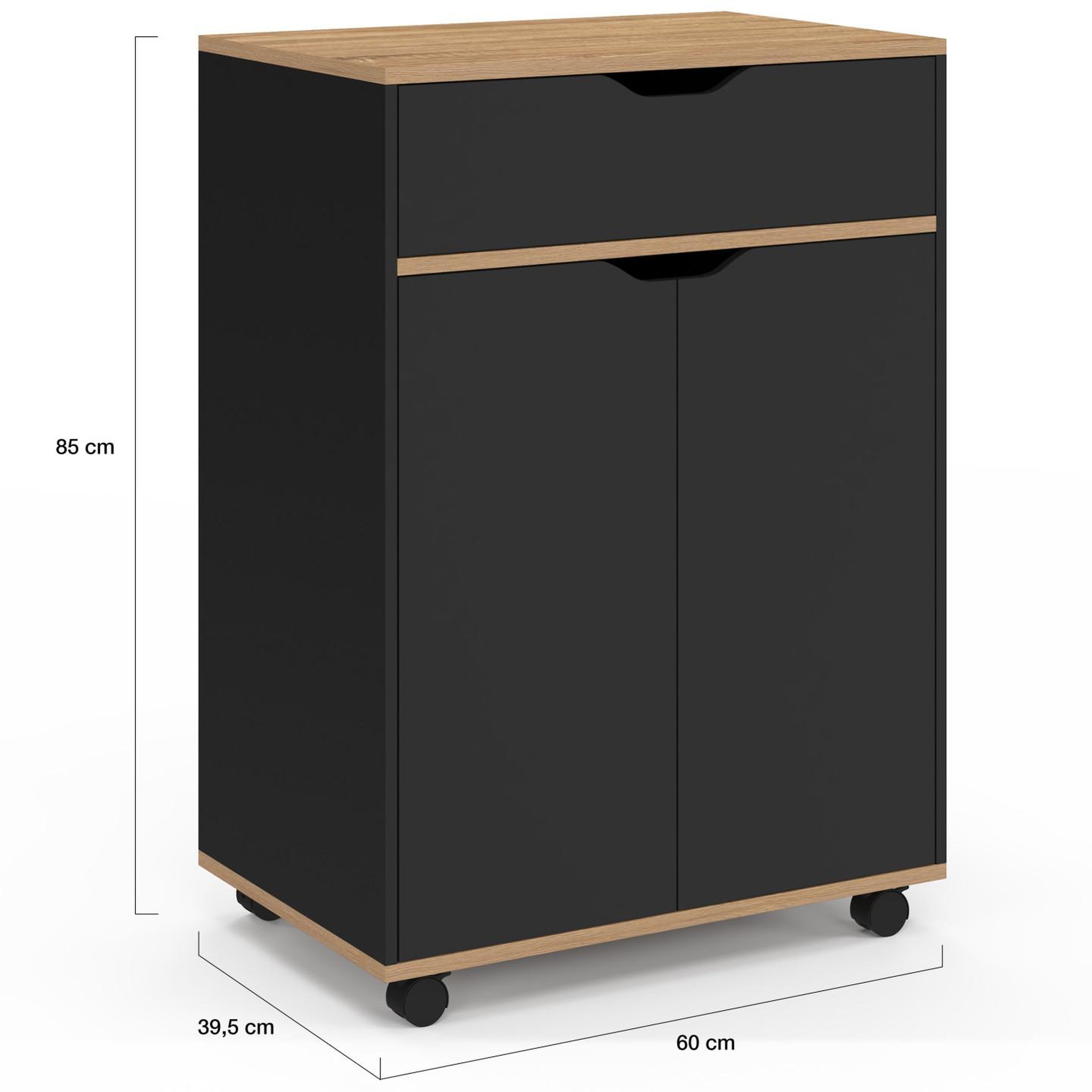 Voir la diapositive 5 : ID MARKET Desserte de cuisine cosy placard avec tiroir bois noir et plateaux façon hêtre l.60 cm