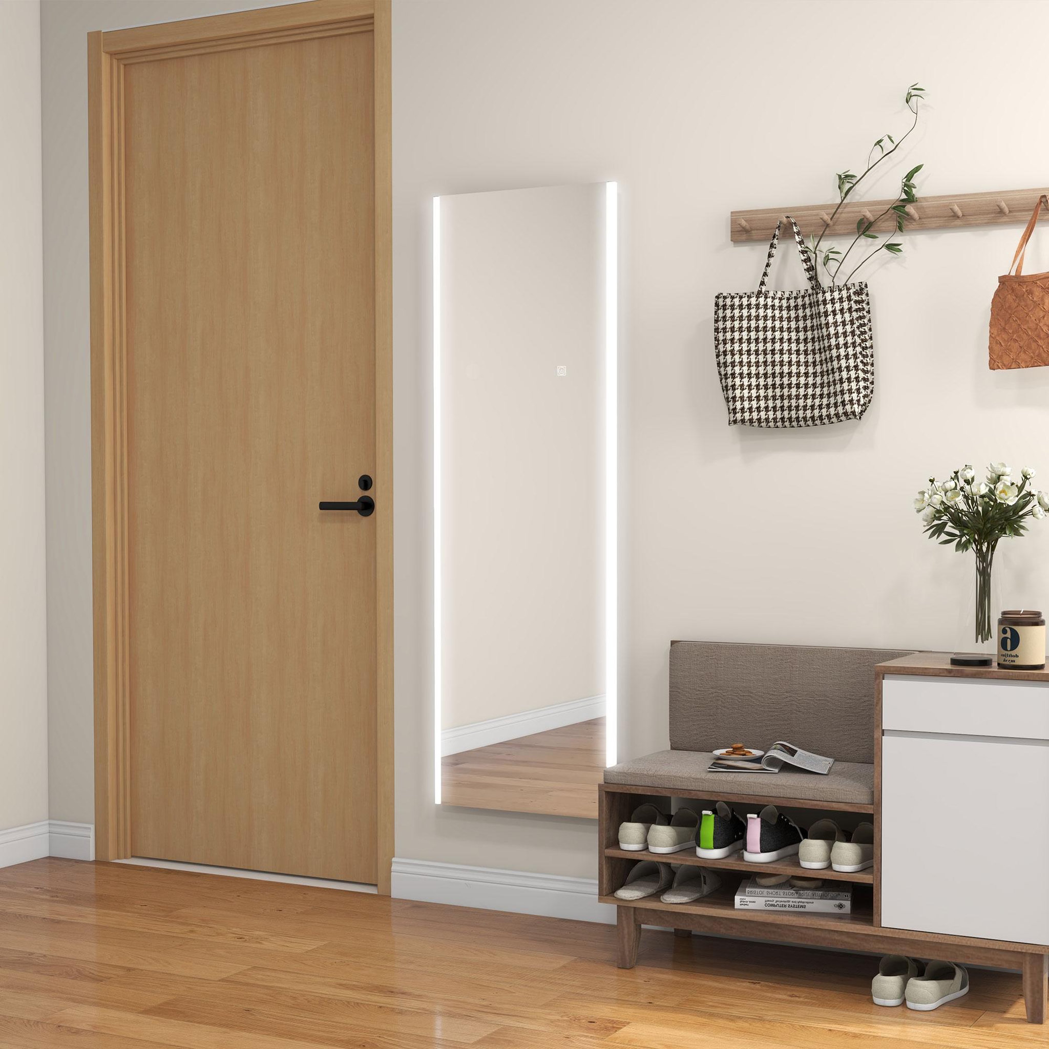 Voir la diapositive 4 : HOMCOM Miroir sur pied ou mural rectangulaire grande taille LED tactile dim. 50L x 50l x 148H cm verre métal blanc