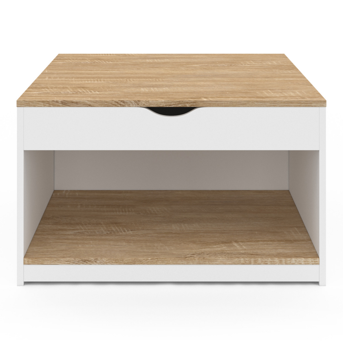 ID MARKET Table basse plateau relevable carrée ELEA avec coffre bois blanc et façon hêtre