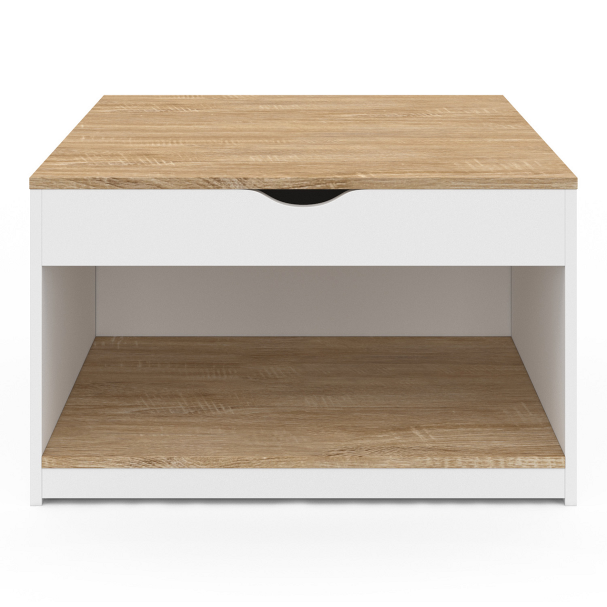 ID MARKET Table basse plateau relevable carrée ELEA avec coffre bois blanc et façon hêtre