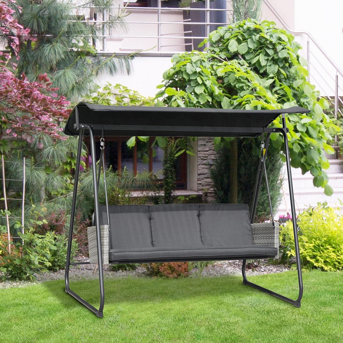 OUTSUNNY Balancelle de jardin 3 places auvent inclinaison réglable coussins assise et dossier résine tressée grise acier époxy polyester noir