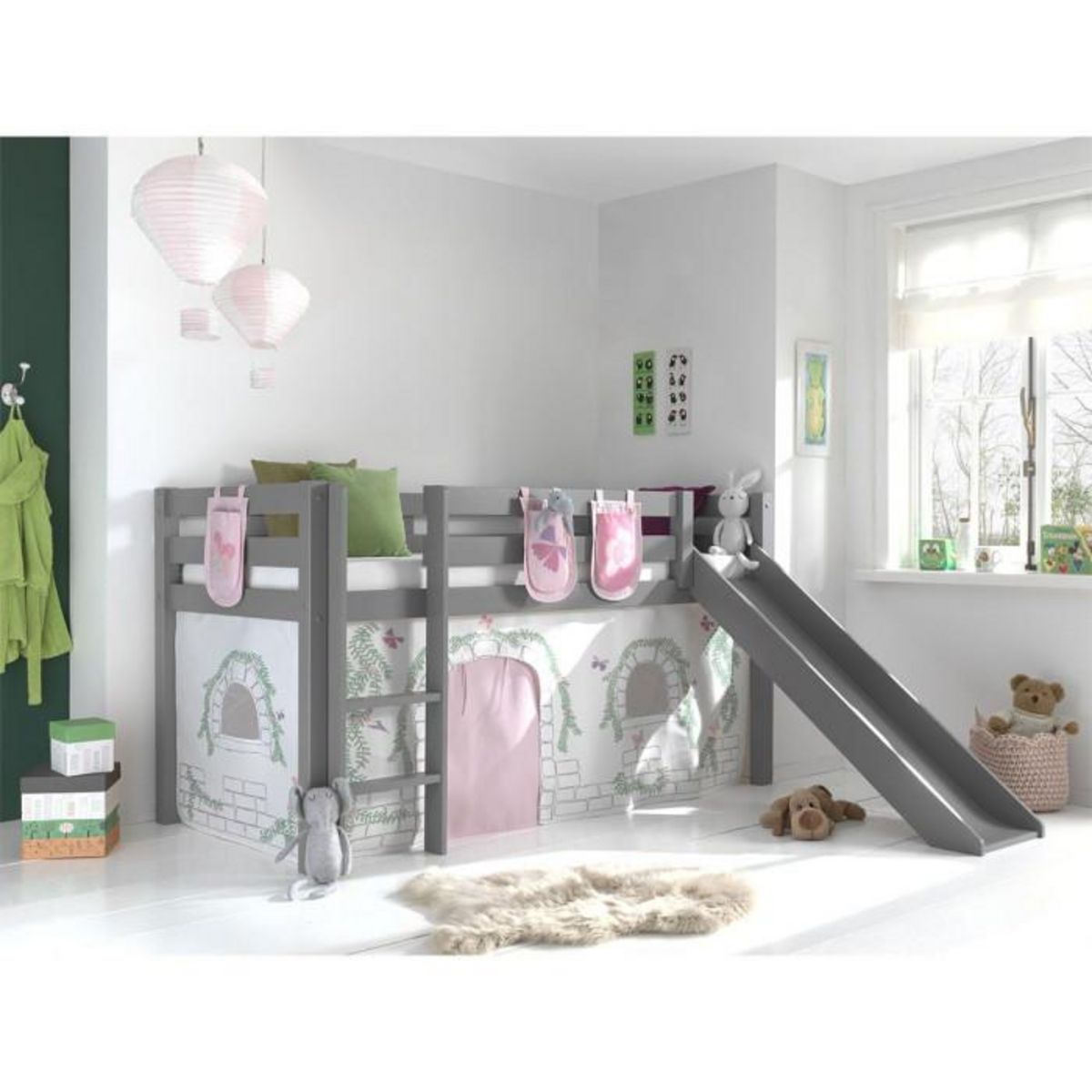 Paris Prix Pack - Lit Enfant Toboggan, Tente & 3 Pochettes  Pino Birdy  Gris