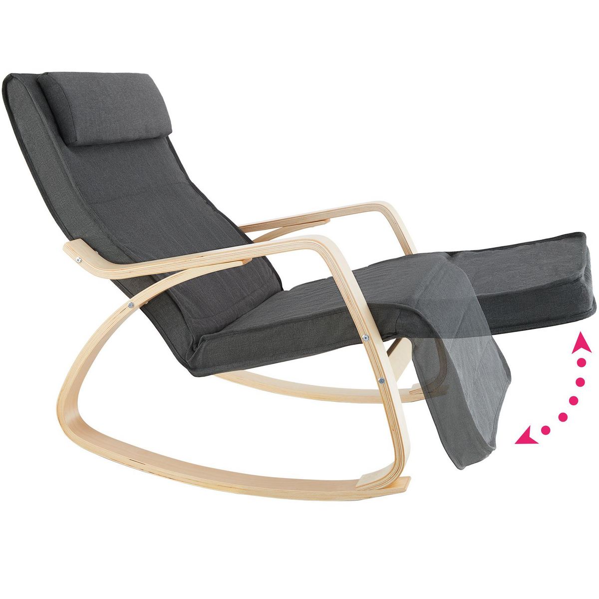 tectake Fauteuil à bascule Avec des accoudoirs, cadre en bois de bouleau gris foncé