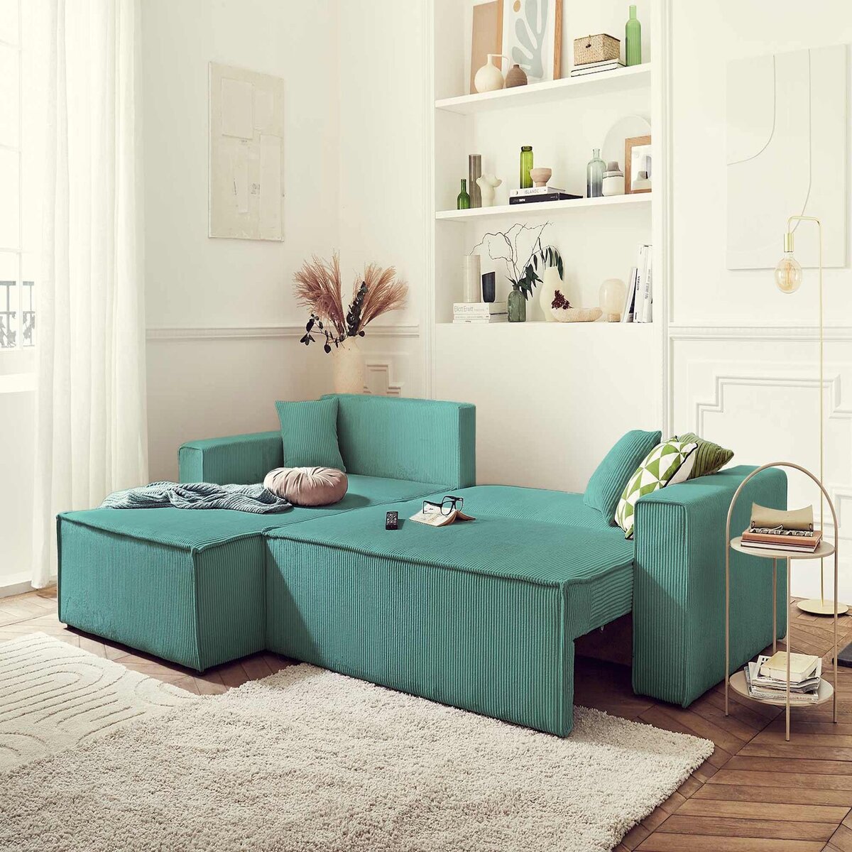 BEST MOBILIER Dellia - canapé d'angle réversible convertible - avec coffre - en velours côtelé - 4 places