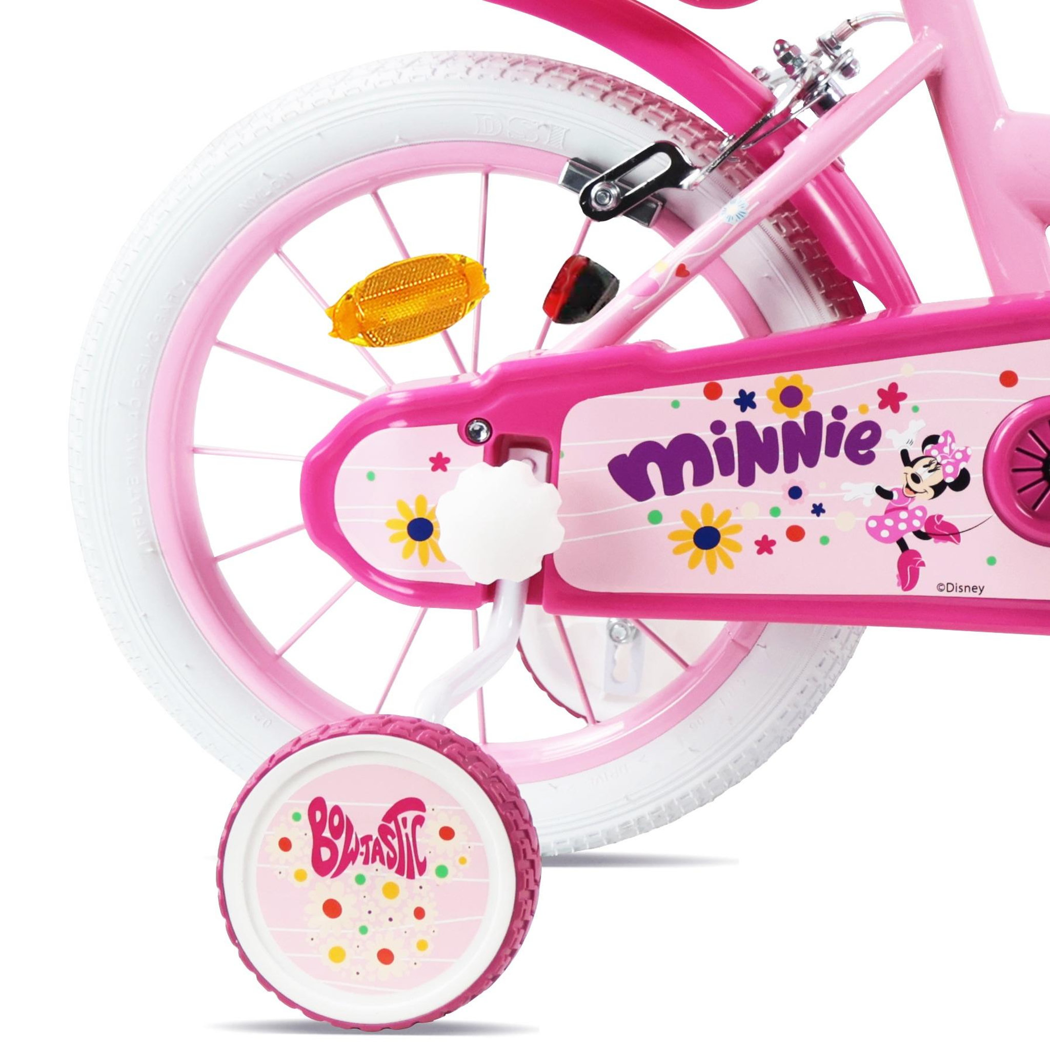 Voir la diapositive 5 : DISNEY Vélo enfants fille 14  Minnie de Disney + Casque pour enfant de 95/110 cm avec stabilisateurs - 2 freins - Panier avant - Porte poupée arrière