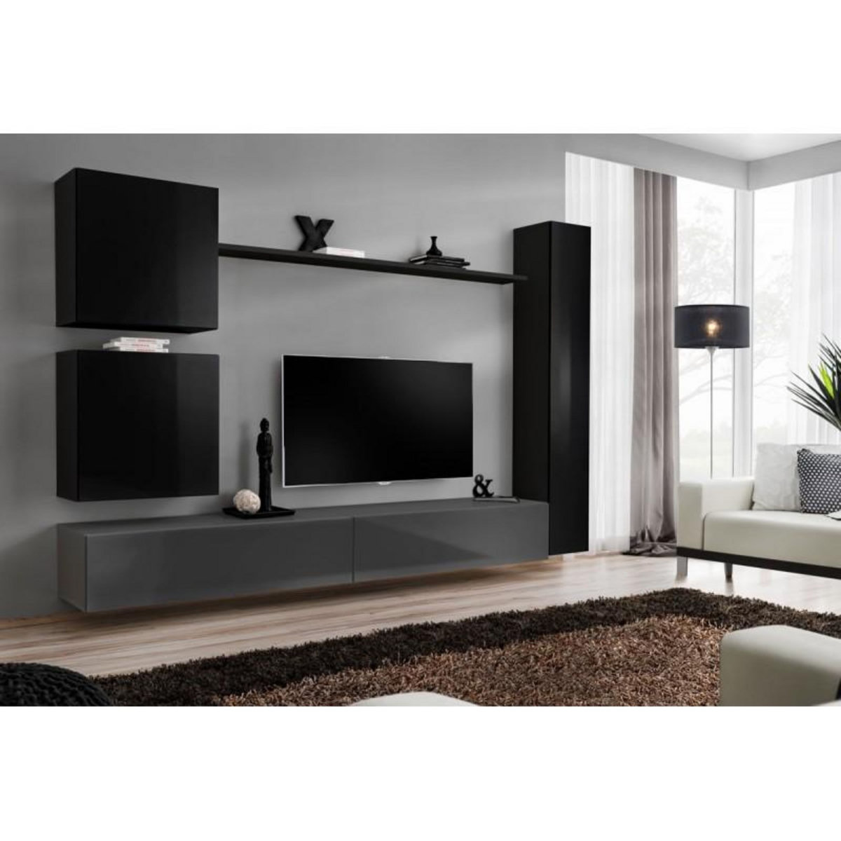 Paris Prix Meuble TV Mural Design  Switch VIII  280cm Noir & Gris
