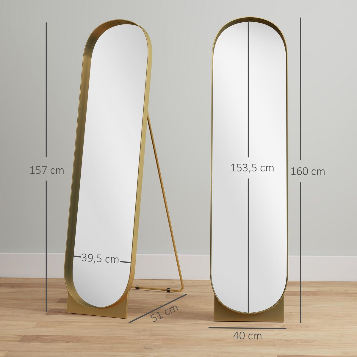 HOMCOM Miroir sur pied design métal doré dim. 40 x 160 cm autoportant ou à adosser