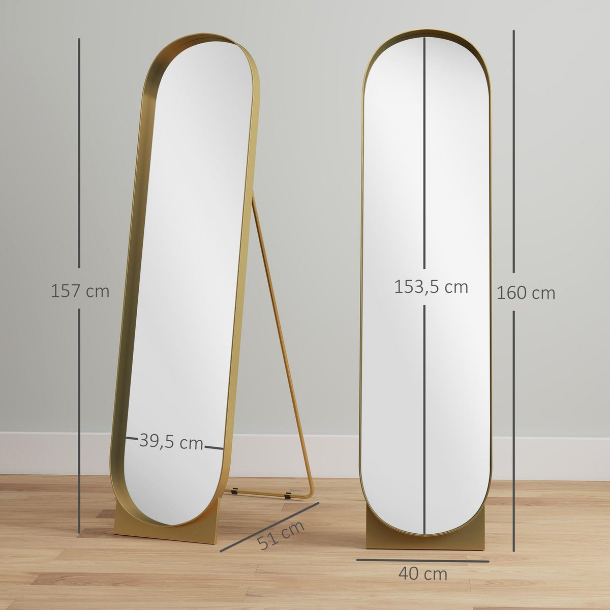 HOMCOM Miroir sur pied design métal doré dim. 40 x 160 cm autoportant ou à adosser