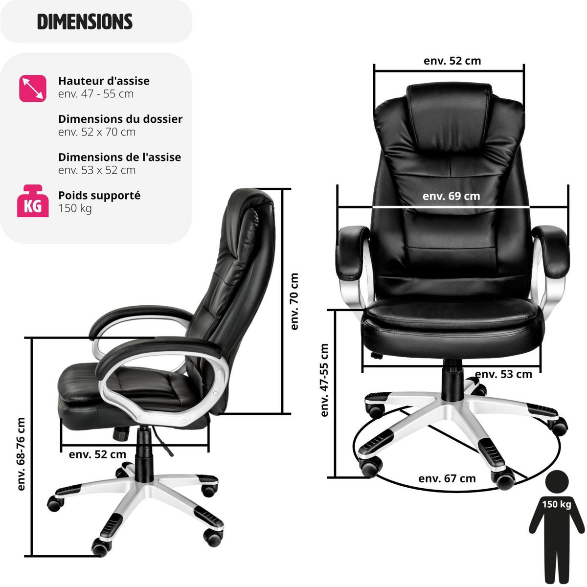tectake Fauteuil de bureau rotatif à 360° et réglable en hauteur noir