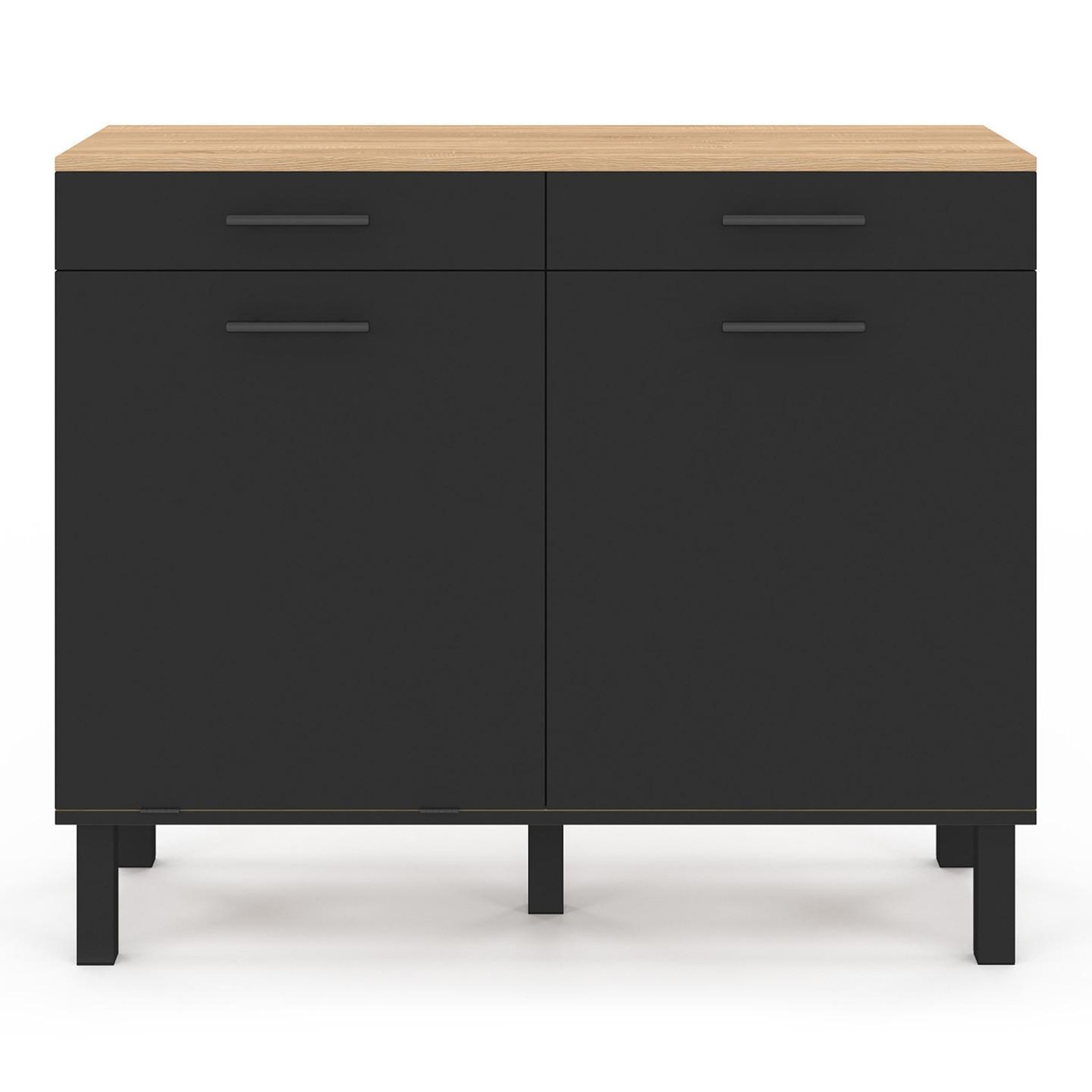 Voir la diapositive 4 : ID MARKET Buffet bas de cuisine avec espace poubelle 100 cm cina plan de travail h.83 cm 2 portes + tiroirs façon hêtre et noir
