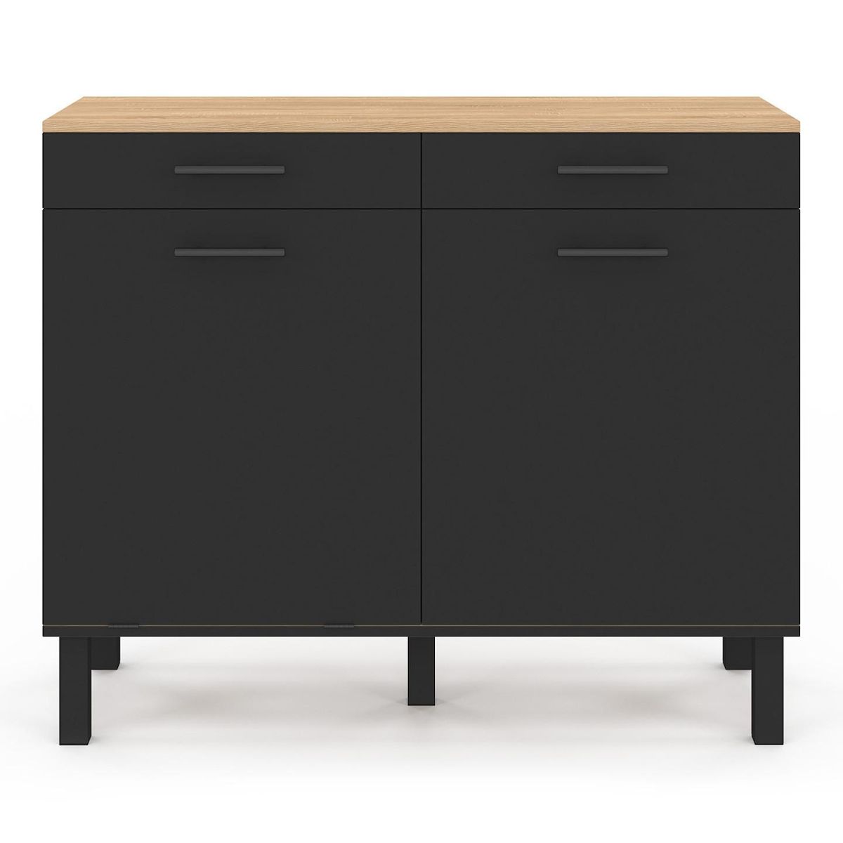 ID MARKET Buffet bas de cuisine avec espace poubelle 100 cm CINA plan de travail H.83 cm 2 portes + tiroirs façon hêtre et noir